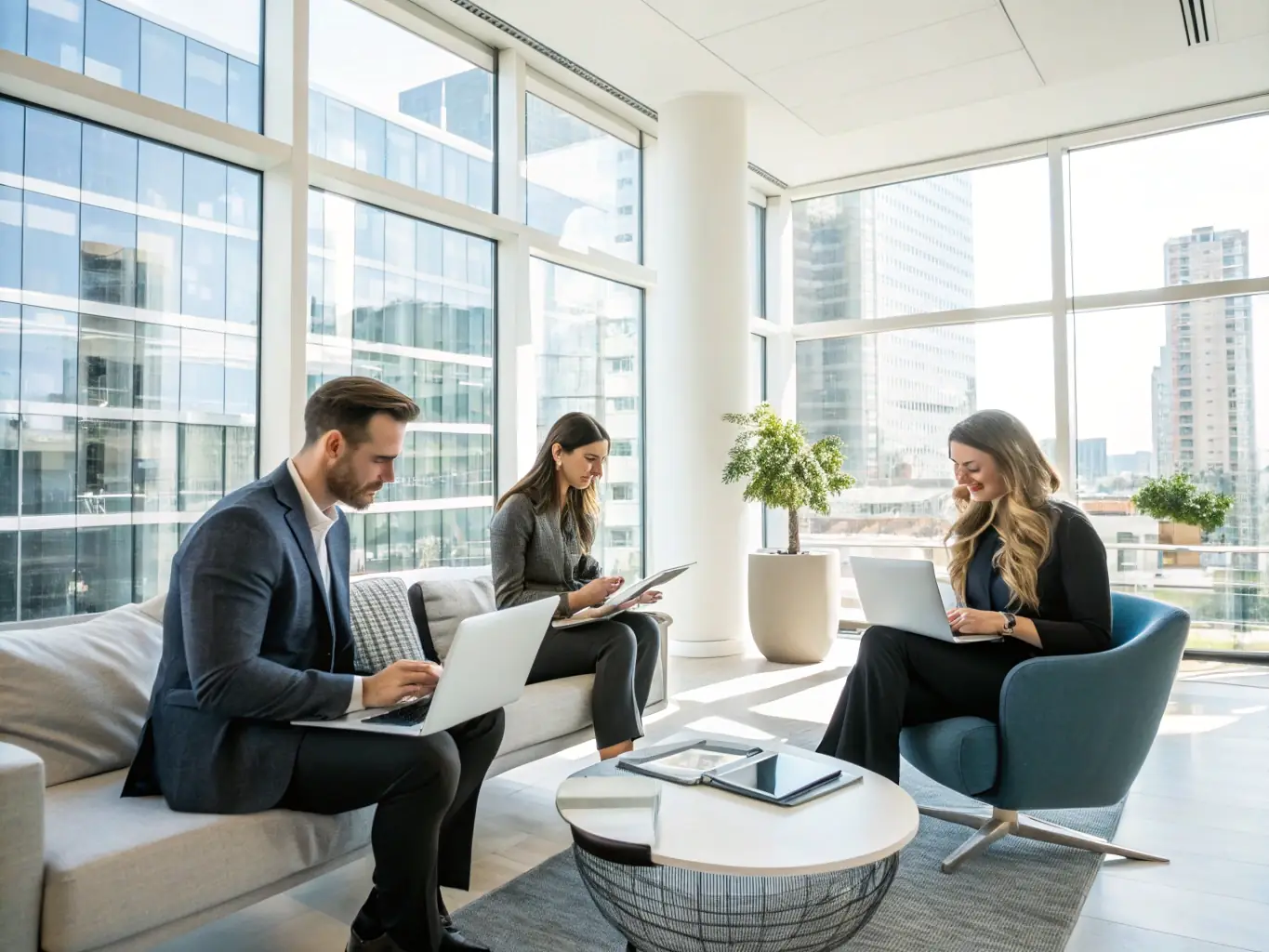 An image showcasing agents using digital tools and support resources on tablets and laptops, collaborating in a modern office setting, symbolizing the Agent Support Platform.
